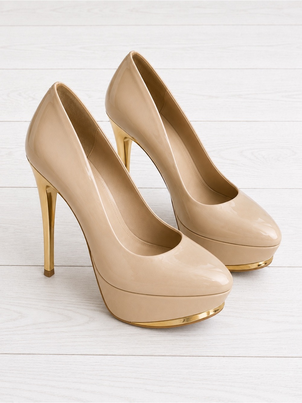 Zara Beige Patent Platform Pumps with Gold Metallic Heel US9